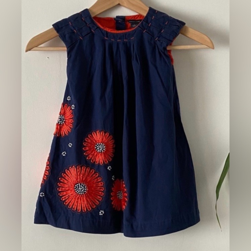 Navy Blue and Red Floral Kids Dress